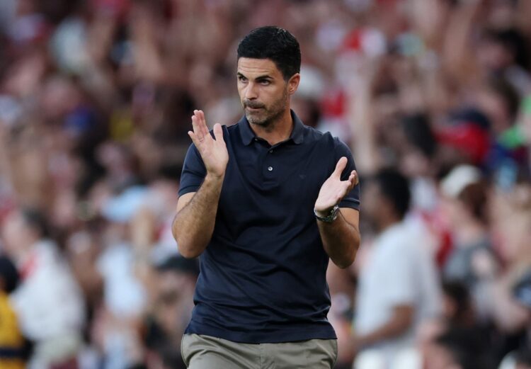Mikel Arteta, Manager of Arsenal, reacts during the pre-season friendly match between Arsenal FC and Como Calcio at Emirates Stadium on August 12, ...