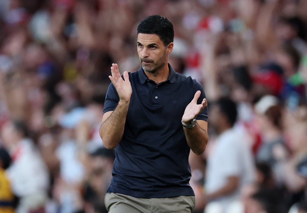 Mikel Arteta, Manager of Arsenal, reacts during the pre-season friendly match between Arsenal FC and Como Calcio at Emirates Stadium on August 12, ...