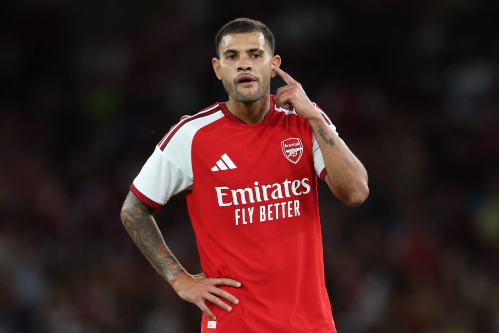 LONDON, ENGLAND - AUGUST 12: Bruno Guimaraes of Arsenal during the pre-season friendly match between Arsenal FC and Como Calcio at Emirates Stadium on August 12, 2026 in London, England. (Photo by Justin Setterfield/Getty Images)