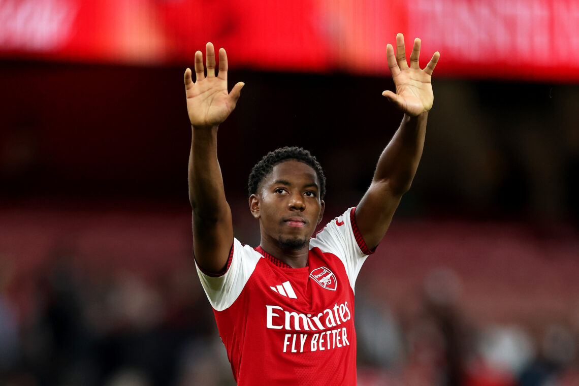 LONDON, ENGLAND - AUGUST 21: Myles Lewis-Skelly of Arsenal acknowledges the fans after the Premier League 2026/27 match between Arsenal FC and Cove...
