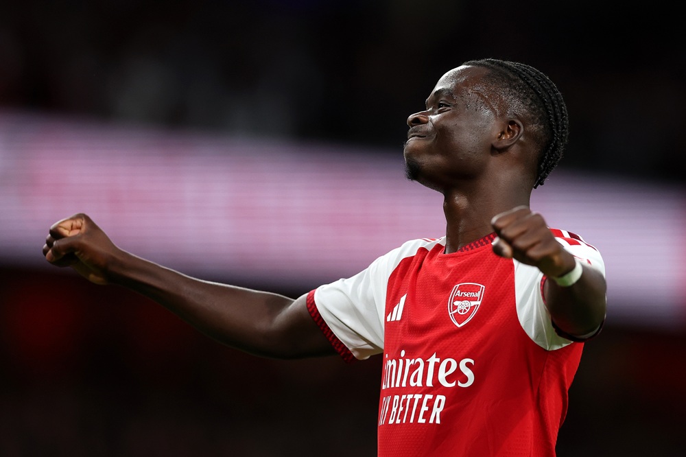 Bukayo Saka of Arsenal celebrates scoring his team’s second goal during the Premier League 2026/27 match between Arsenal FC and Coventry City at Emirates Stadium on August 21, 2026 in London, England. (Photo by Julian Finney/Getty Images)