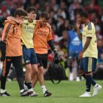 Louie Copley of Arsenal FC is helped off after sustaining an injury during the pre-season friendly match between Arsenal FC and Real Betis Balompie at Aviva Stadium on August 05, 2026 in Dublin, Ireland. (Photo by Charles McQuillan/Getty Images)