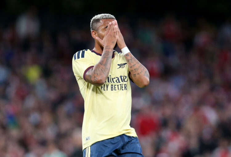 DUBLIN, IRELAND - AUGUST 05: Gabriel Jesus of Arsenal FC reacts during the pre-season friendly match between Arsenal FC and Real Betis Balompie at ...