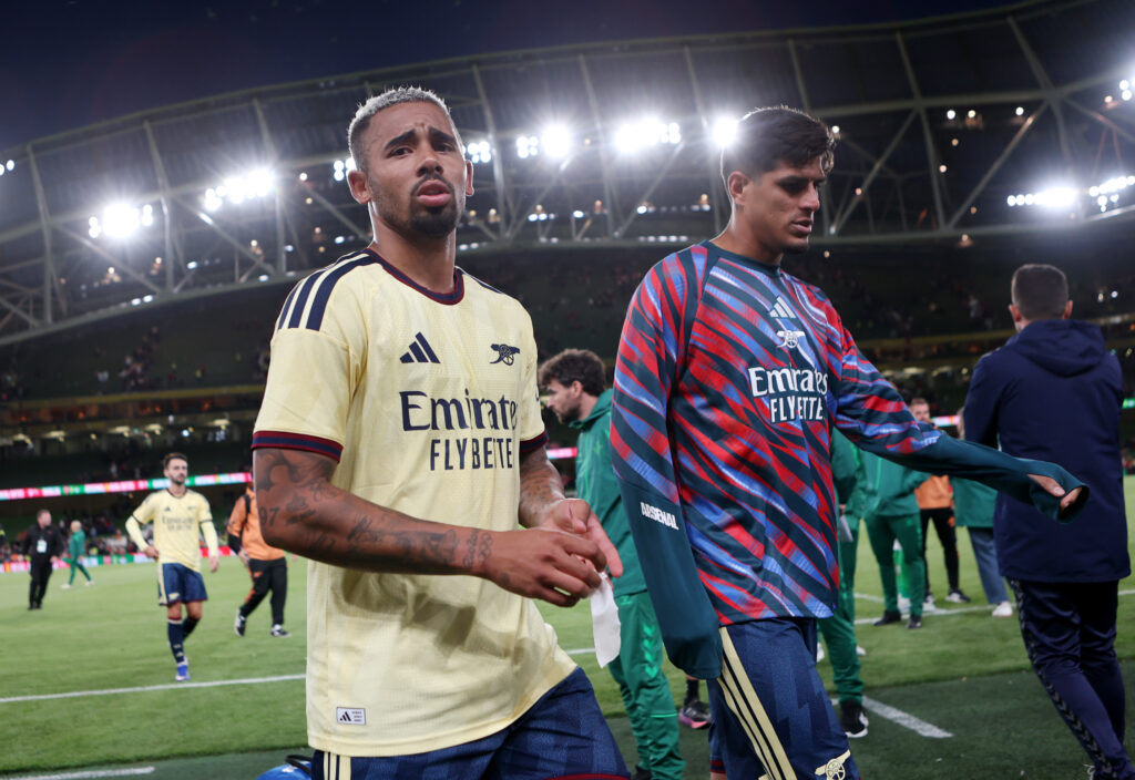 DUBLIN, IRELAND - AUGUST 05: Gabriel Jesus of Arsenal FC walks off after the pre-season friendly match between Arsenal FC and Real Betis Balompie at Aviva Stadium on August 05, 2026 in Dublin, Ireland. (Photo by Evan Treacy/Getty Images)