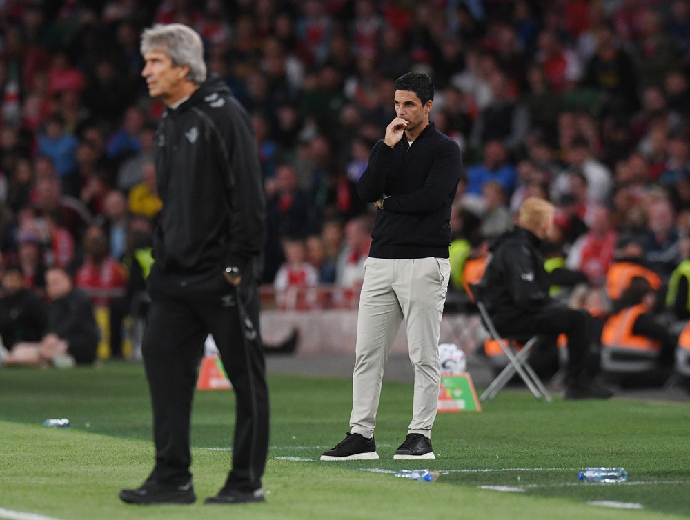 Mikel Arteta, manager of Arsenal FC looks on during the pre-season friendly match between Arsenal FC and Real Betis Balompie at Aviva Stadium on August 05, 2026 in Dublin, Ireland. (Photo by Charles McQuillan/Getty Images)