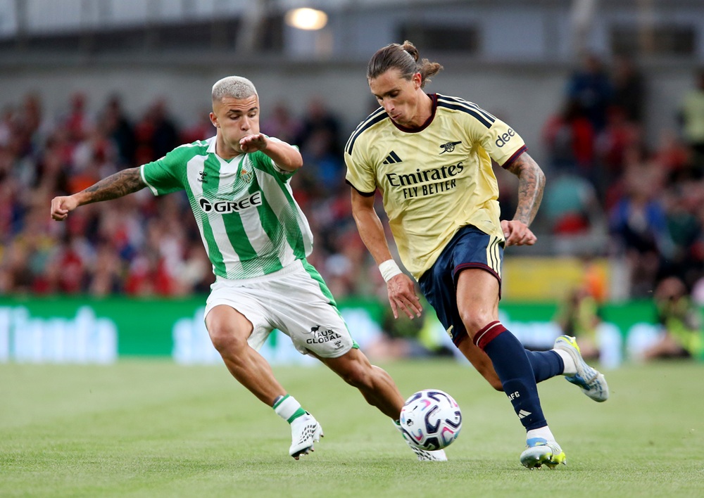 Riccardo Calafiori of Arsenal FC during the pre-season friendly match between Arsenal FC and Real Betis Balompie at Aviva Stadium on August 05, 2026 in Dublin, Ireland. (Photo by Evan Treacy/Getty Images)
