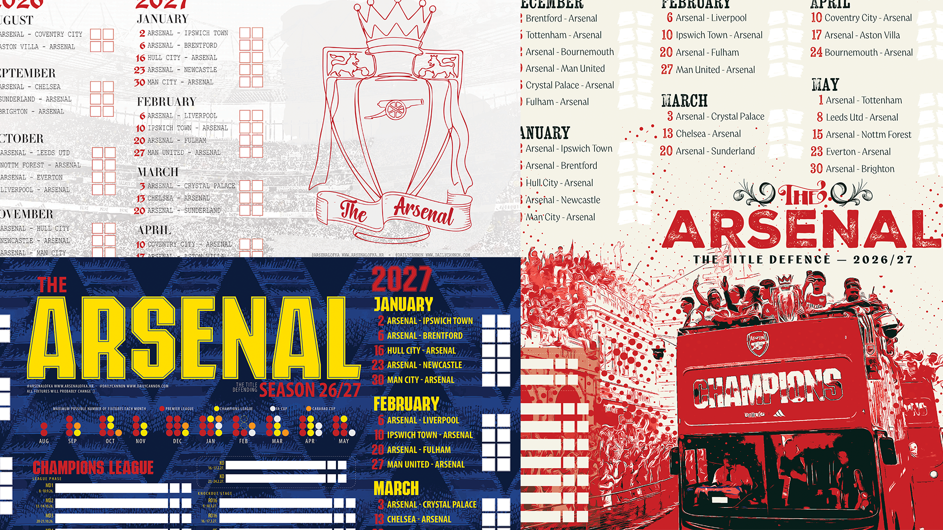 3 Arsenal fixtures 26/27 printable wallcharts