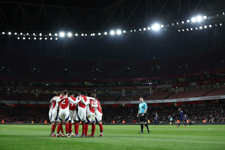 LONDON, ENGLAND - FEBRUARY 28: Louis Copley of Arsenal (obscured) celebrates with teammates after scoring his team's first goal during the FA Youth...