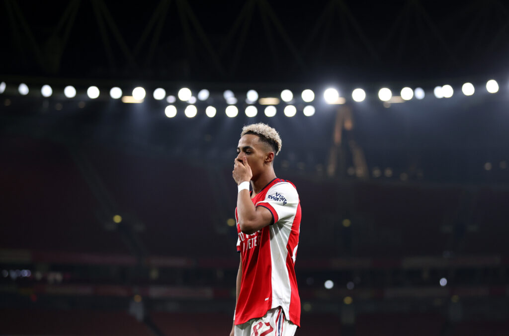 LONDON, ENGLAND - JANUARY 11: Omari Hutchinson of Arsenal during the Papa John's Trophy match between Arsenal U21 and Chelsea U21 at Emirates Stadium on January 11, 2022 in London, England. (Photo by Alex Pantling/Getty Images)