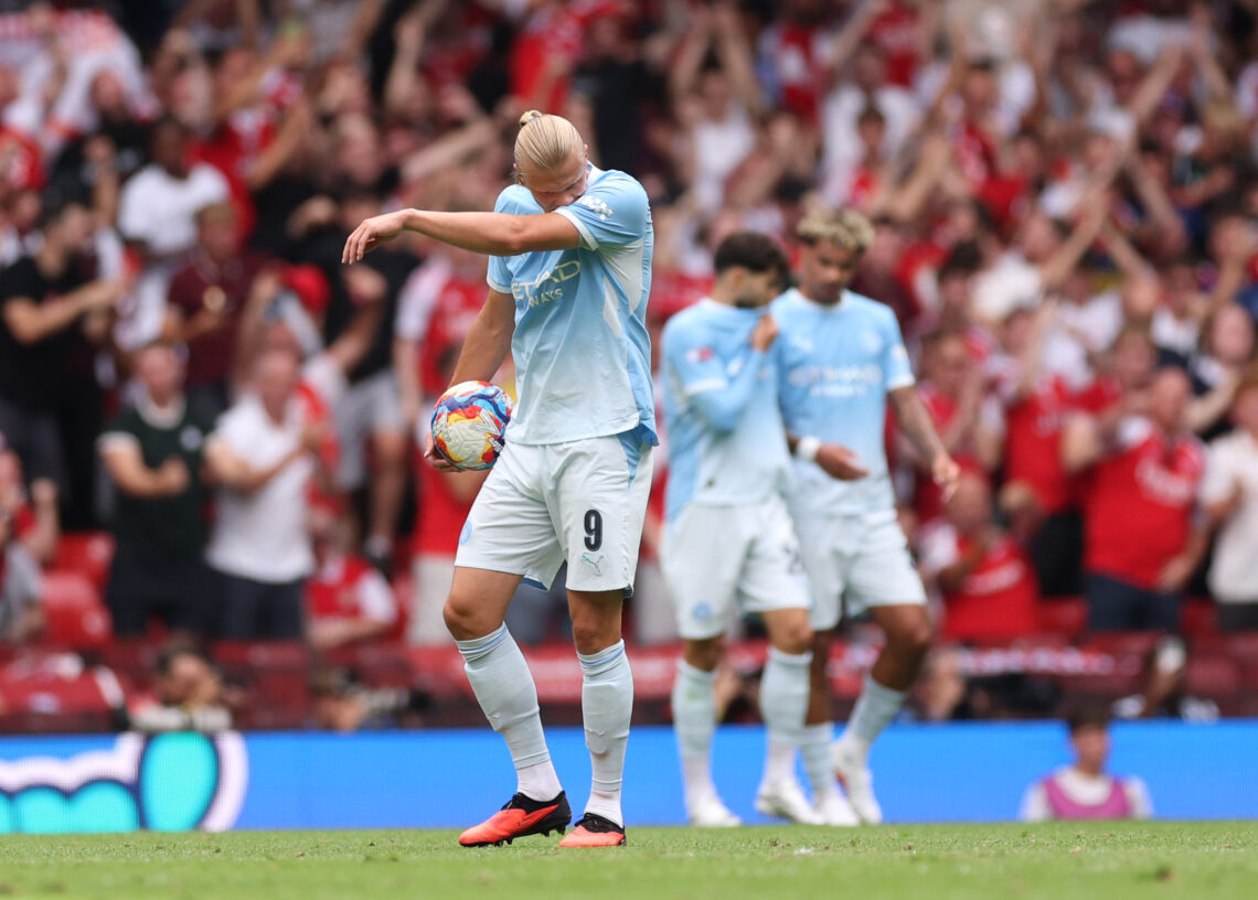 Erling Haaland responds to Arsenal's Community Shield win 1 CARDIFF, WALES - AUGUST 16: Erling Haaland of Manchester City dejected after Kai Havertz of Arsenal (not pictured) scores his team's second goal du...