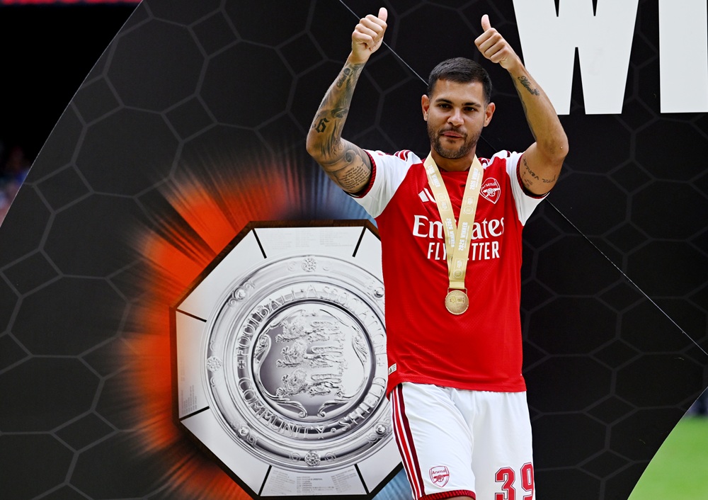 Arsenal summer signings Bruno & Tzolis praised by new teammates 1 Bruno Guimaraes of Arsenal shows a thumbs up after receiving his winner's medal following his team's victory in the 2026 FA Community Shield match ...