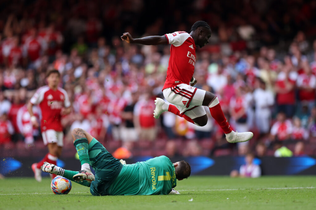 Arsenal v Coventry team and injury news 3 CARDIFF, WALES - AUGUST 16: Bukayo Saka of Arsenal jumps over Gianluigi Donnarumma of Manchester City during the 2026 FA Community Shield match between Arsenal and Manchester City at Principality Stadium on August 16, 2026 in Cardiff, Wales. (Photo by Carl Recine/Getty Images)
