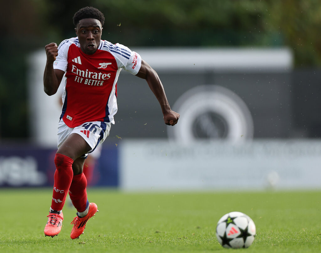 BOREHAMWOOD, ENGLAND - OCTOBER 22: Ismeal Kabia of Arsenal during the UEFA Youth League match between Arsenal and Shakhtar Donetsk at Meadow Park on October 22, 2024 in Borehamwood, England. (Photo by Harry Murphy/Getty Images)