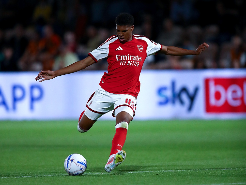 Andre Harriman-Annous of Arsenal shoots during the Vertu Trophy match between Barnet and Arsenal U21 at The Hive on August 18, 2026 in Barnet, England. (Photo by Cameron Howard/Getty Images)