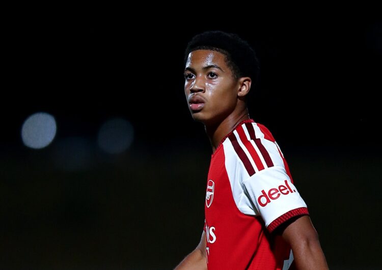 Emerson Nwaneri of Arsenal looks on during the Vertu Trophy match between Barnet and Arsenal U21 at The Hive on August 18, 2026 in Barnet, England....