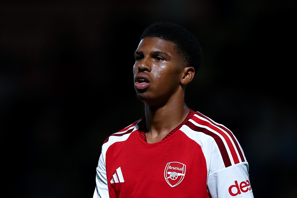 Andre Harriman-Annous of Arsenal looks on during the Vertu Trophy match between Barnet and Arsenal U21 at The Hive on August 18, 2026 in Barnet, England. (Photo by Cameron Howard/Getty Images)