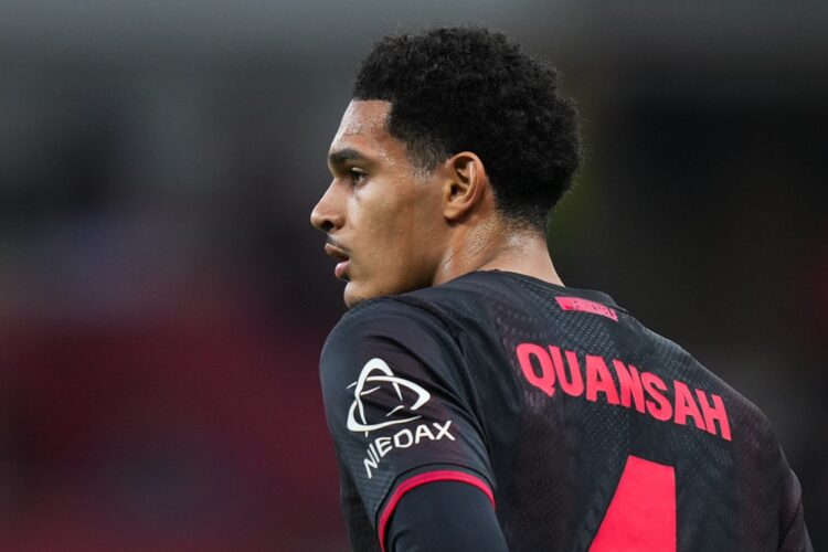 Jarell Quansah of Bayer 04 Leverkusen looks on during the UEFA Champions League 2025/26 League Knockout Play-off Second Leg match between Bayer 04 ...