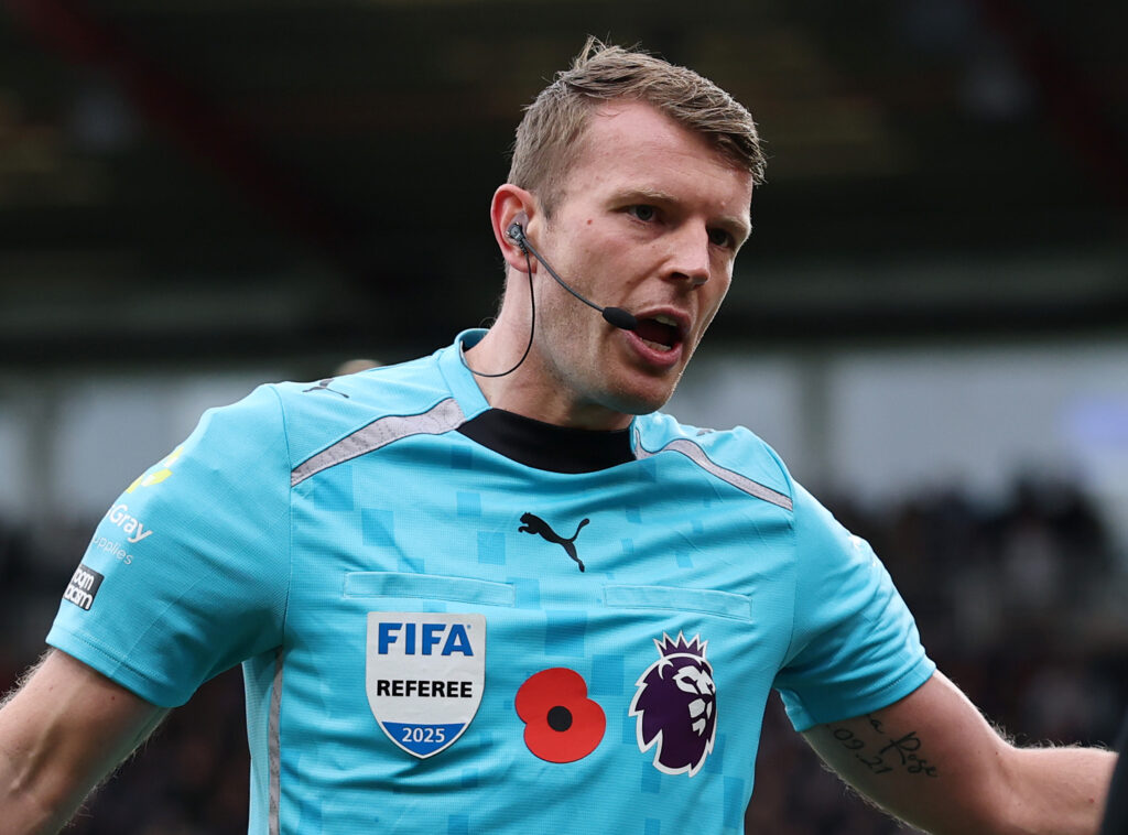BOURNEMOUTH, ENGLAND - OCTOBER 26: Referee Sam Barrott during the Premier League match between Bournemouth and Nottingham Forest at Vitality Stadium on October 26, 2025 in Bournemouth, England. (Photo by Eddie Keogh/Getty Images)