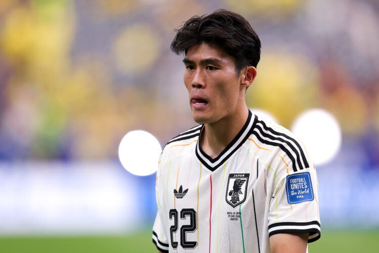 HOUSTON, TEXAS - JUNE 29: Takehiro Tomiyasu #22 of Japan reacts after the 1-2 loss during the FIFA World Cup 2026 Round Of 32 match between Brazil ...