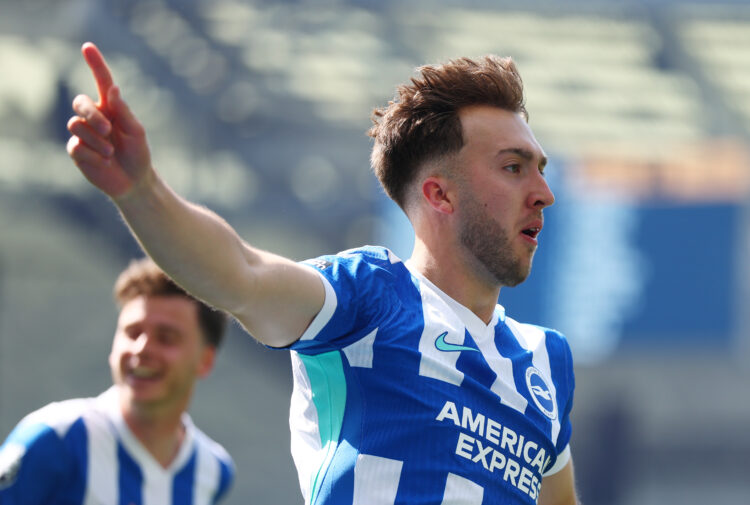 BRIGHTON, ENGLAND - MAY 09: Jack Hinshelwood of Brighton & Hove Albion celebrates scoring his team's first goal during the Premier League match...