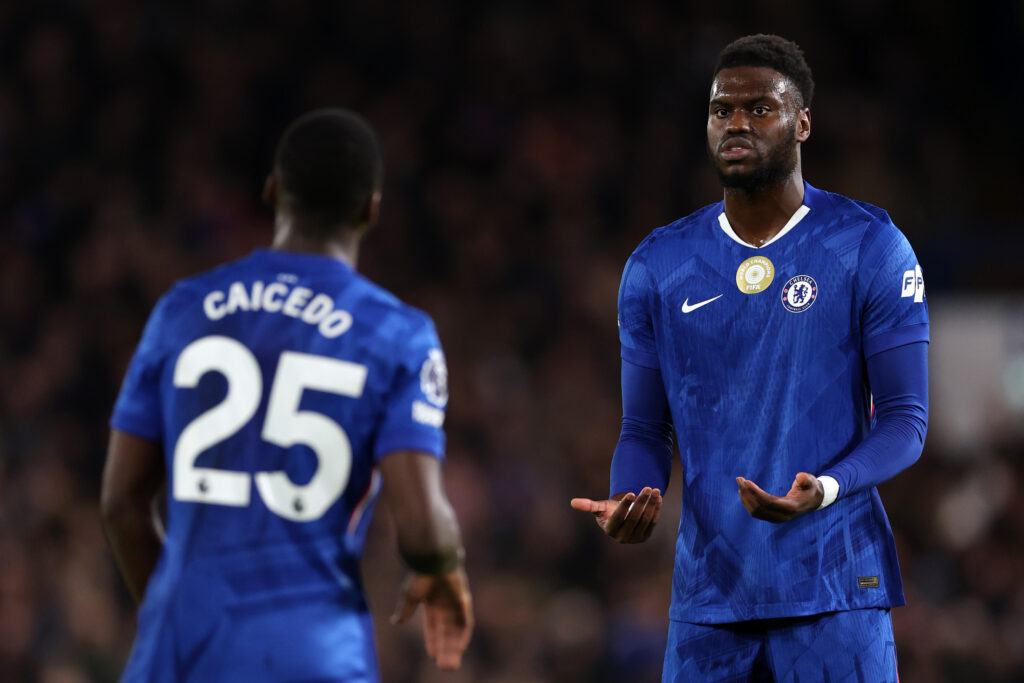 LONDON, ENGLAND - JANUARY 31: Benoit Badiashile of Chelsea reacts during the Premier League match between Chelsea and West Ham United at Stamford Bridge on January 31, 2026 in London, England. (Photo by Justin Setterfield/Getty Images)