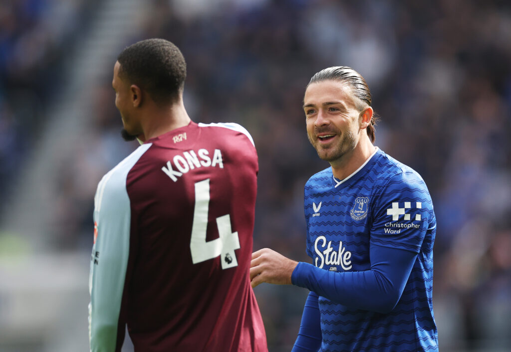 LIVERPOOL, ENGLAND - SEPTEMBER 13: Jack Grealish of Everton speaks to Ezri Konsa of Aston Villa during the Premier League match between Everton and Aston Villa at Hill Dickinson Stadium on September 13, 2025 in Liverpool, England. (Photo by Carl Recine/Getty Images)
