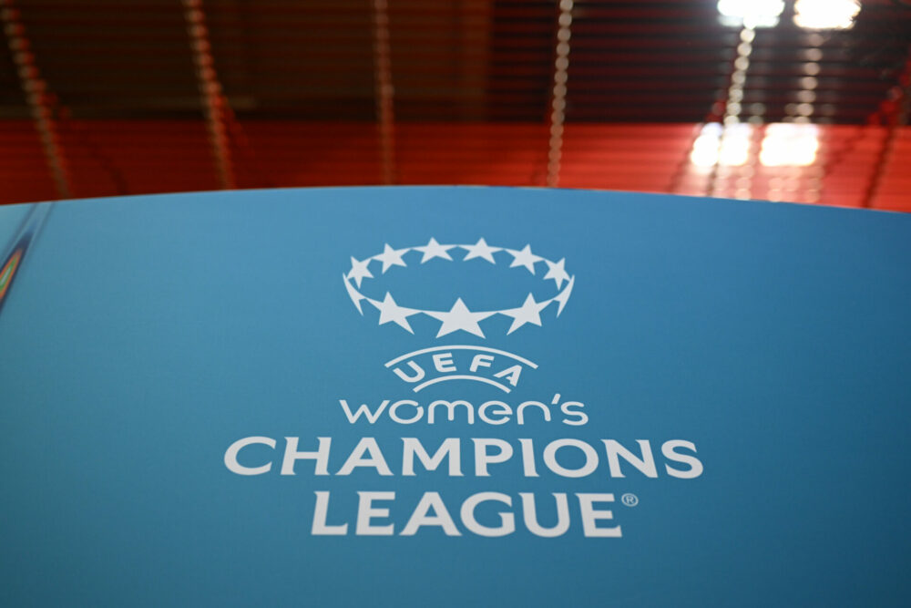 UEFA Women's Champions League and Europa Cup draws 1 MUNICH, GERMANY - OCTOBER 16: The UEFA Women's Champions League logo is seen prior to the UEFA Women's Champions League 2025/26 league phase match ...