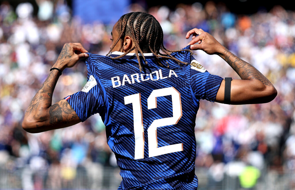 EAST RUTHERFORD, NEW JERSEY - JUNE 16: Bradley Barcola #12 of France celebrates scoring his team's second goal during the FIFA World Cup 2026 Group I match between France and Senegal at New York New Jersey Stadium on June 16, 2026 in East Rutherford, New Jersey. (Photo by Dan Mullan/Getty Images)
