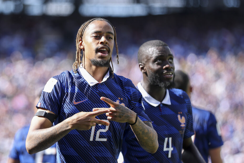 EAST RUTHERFORD, NEW JERSEY - JUNE 16: Bradley Barcola #12 of France celebrates scoring his team's second goal during the FIFA World Cup 2026 Group I match between France and Senegal at New York New Jersey Stadium on June 16, 2026 in East Rutherford, New Jersey. (Photo by Dan Mullan/Getty Images)