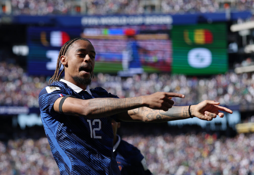 EAST RUTHERFORD, NEW JERSEY - JUNE 16: Bradley Barcola #12 of France celebrates scoring his team's second goal during the FIFA World Cup 2026 Group I match between France and Senegal at New York New Jersey Stadium on June 16, 2026 in East Rutherford, New Jersey. (Photo by Dan Mullan/Getty Images)