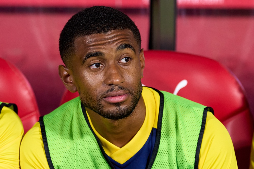 Reiss Nelson of Arsenal FC looks on from the bench prior to the pre-season friendly match between Girona FC and Arsenal FC at Montilivi Stadium on August 01, 2026 in Girona, Spain. (Photo by Alex Caparros/Getty Images)