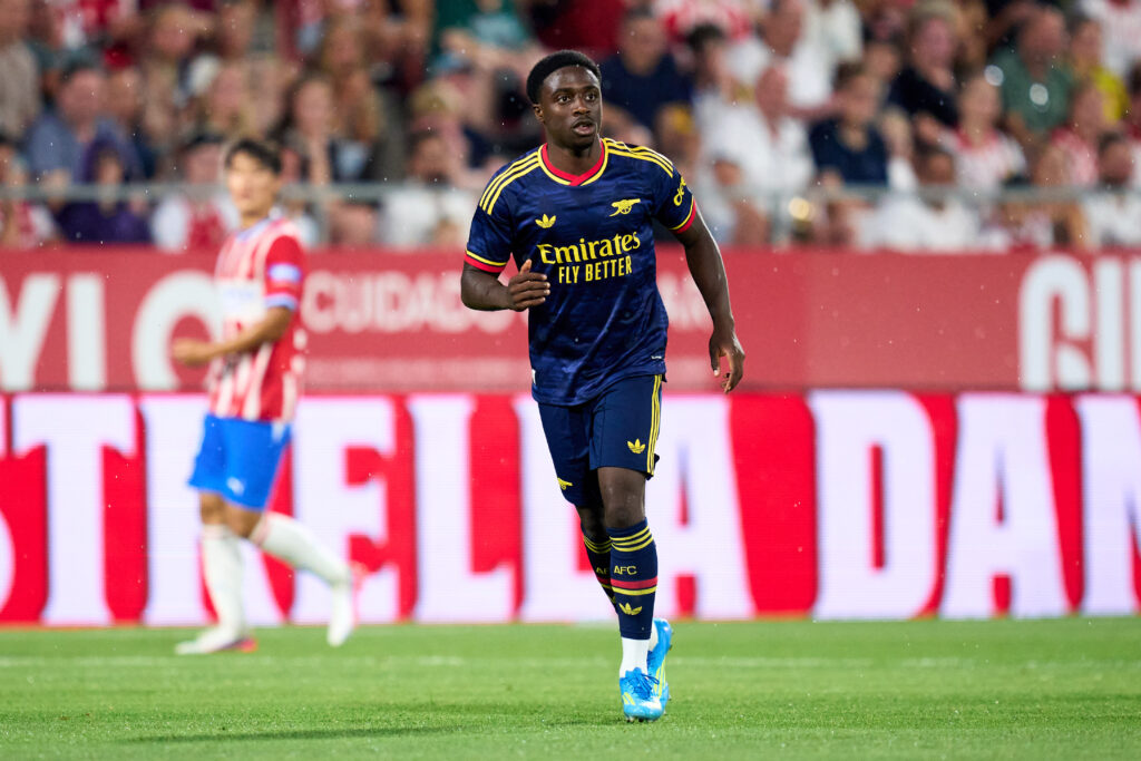 GIRONA, SPAIN - AUGUST 01: Ismeal Kabia of Arsenal FC looks on during the pre-season friendly match between Girona FC and Arsenal FC at Montilivi Stadium on August 01, 2026 in Girona, Spain. (Photo by Alex Caparros/Getty Images)