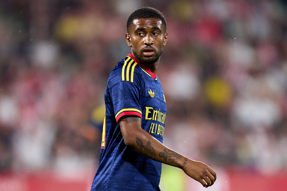 Reiss Nelson of Arsenal FC looks on during the pre-season friendly match between Girona FC and Arsenal FC at Montilivi Stadium on August 01, 2026 i...