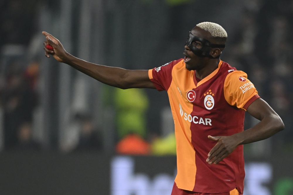 Victor Osimhen of Galatasaray reacts during the UEFA Champions League 2025/26 League Knockout Play-off Second Leg match between Juventus and Galatasaray A.S. at Juventus Stadium on February 25, 2026 in Turin, Italy. (Photo by Stefano Guidi/Getty Images)
