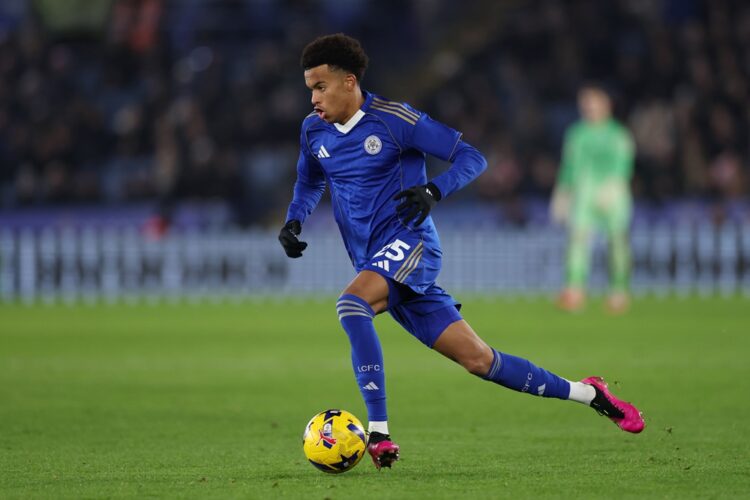 Louis Page of Leicester City in action during the Sky Bet Championship match between Leicester City and Derby County at The King Power Stadium on D...