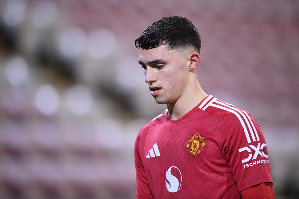 James Scanlon of Manchester United looks on during the The FA Youth Cup 5th Round match between Manchester United and Chelsea at Leigh Sports Village on February 12, 2025 in Leigh, England. (Photo by Ben Roberts Photo/Getty Images)