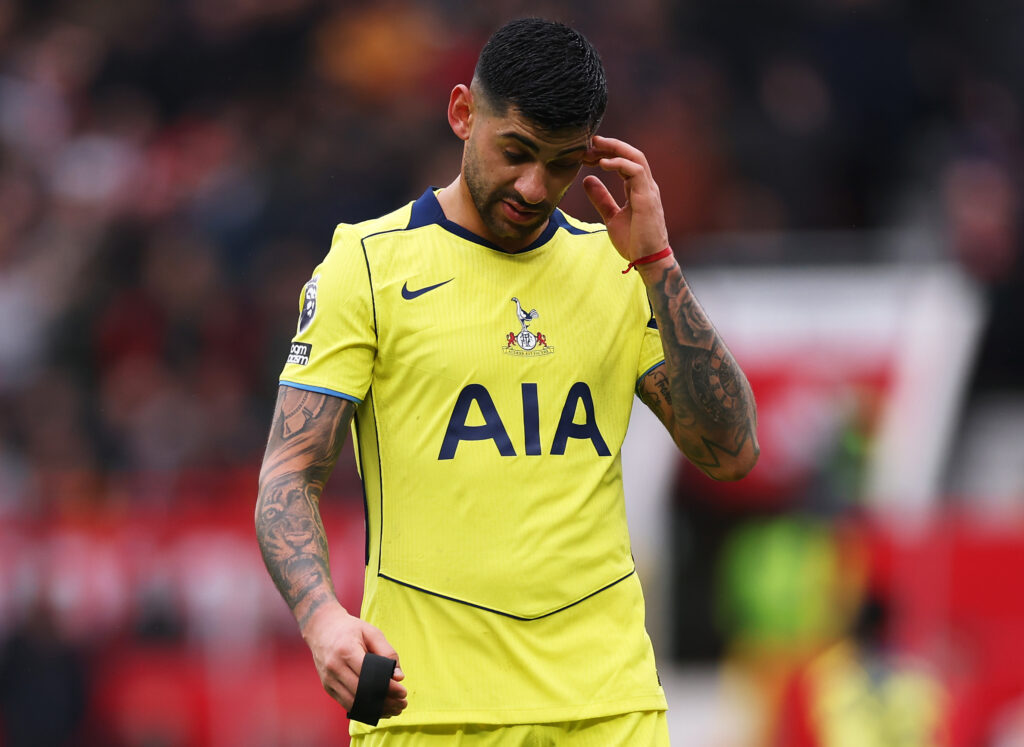 MANCHESTER, ENGLAND - FEBRUARY 07: Cristian Romero of Tottenham Hotspur looks dejected after being shown a red card during the Premier League match between Manchester United and Tottenham Hotspur at Old Trafford on February 07, 2026 in Manchester, England. (Photo by Carl Recine/Getty Images)