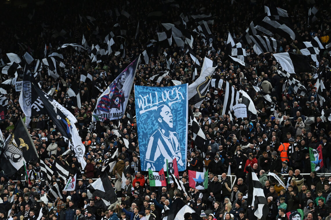 NEWCASTLE UPON TYNE, ENGLAND - FEBRUARY 05: Newcastle United fans show support for Joe Willock of Newcastle United, holding a banner in the stands ...
