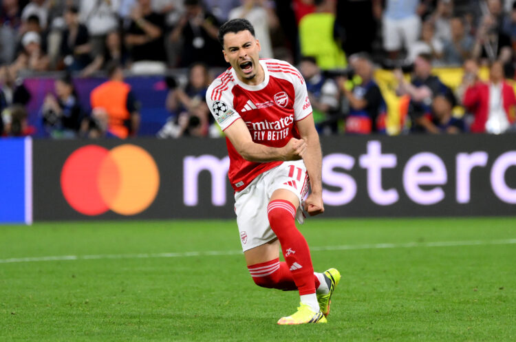 Gabriel Martinelli of Arsenal celebrates scoring the team's fourth penalty in the penalty shoot out during the UEFA Champions League Final 2026 mat...