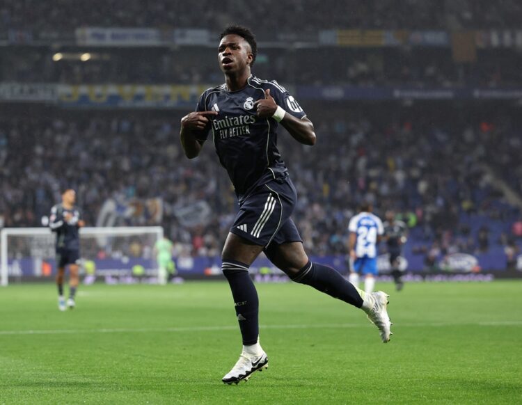Vinicius Junior of Real Madrid celebrates scoring his team's first goal during the LaLiga EA Sports match between RCD Espanyol de Barcelona and Rea...