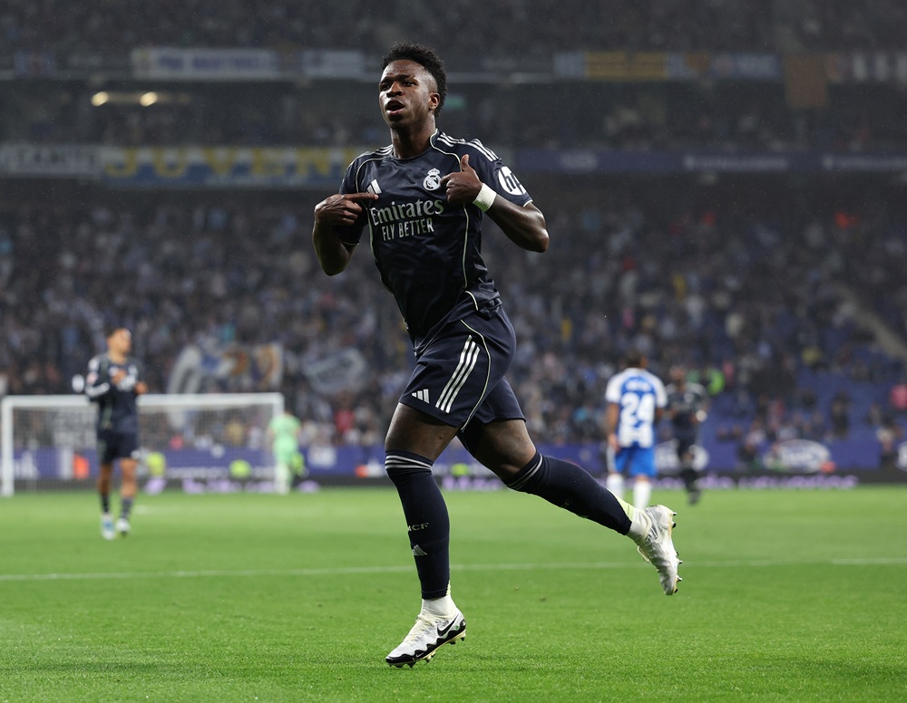 Vinicius Junior of Real Madrid celebrates scoring his team's first goal during the LaLiga EA Sports match between RCD Espanyol de Barcelona and Real Madrid CF at RCDE Stadium on May 03, 2026 in Barcelona, Spain. (Photo by Judit Cartiel/Getty Images)