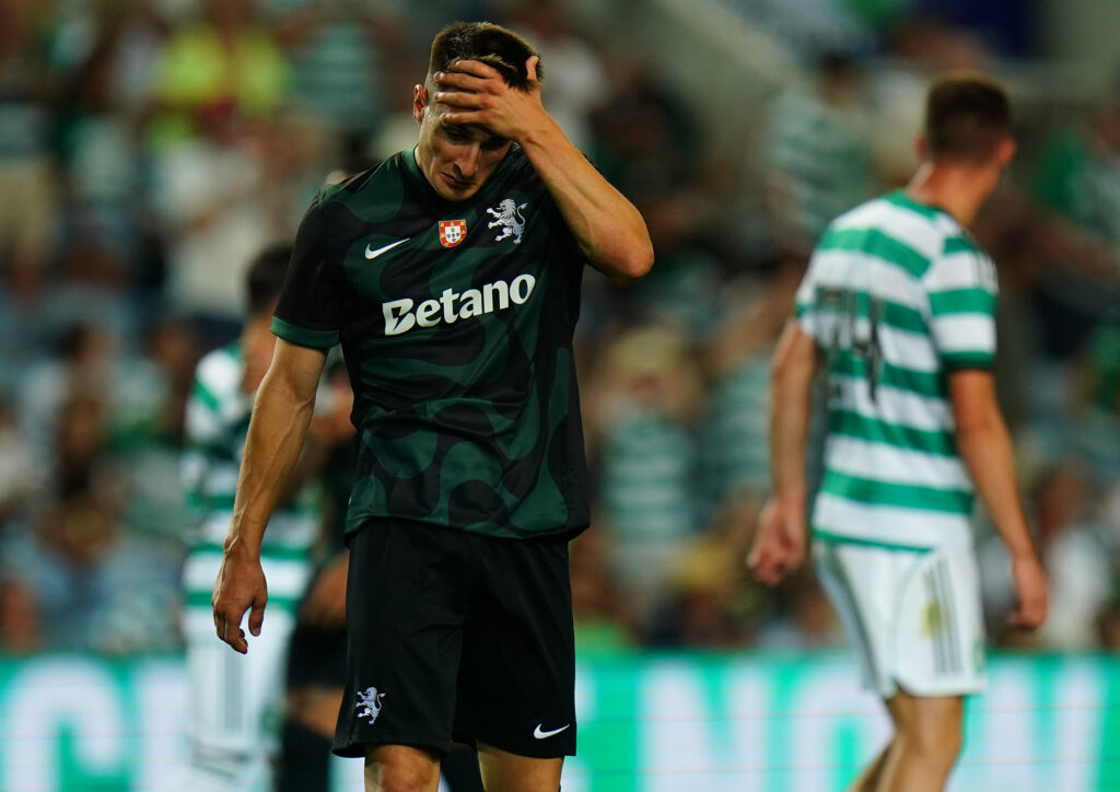 FARO, PORTUGAL - JULY 16: Ivan Fresneda of Sporting CP reaction to result at the end of the Pre-Season Friendly match between Sporting CP and Celtic at Estadio Algarve on July 16, 2025 in Faro, Portugal. (Photo by Gualter Fatia/Getty Images)