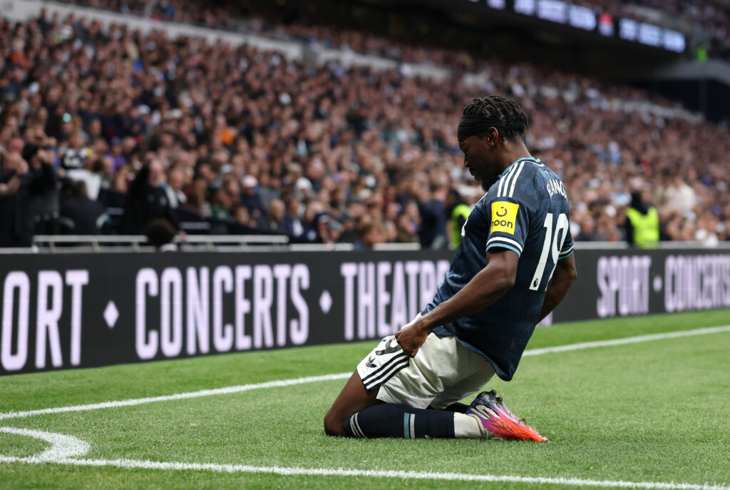 LONDON, ENGLAND - AUGUST 29: Anthony Elanga of Newcastle United celebrates scoring his team’s first goal during the Premier League 2026/27 match between Tottenham Hotspur and Newcastle United at Tottenham Hotspur Stadium on August 29, 2026 in London, England. (Photo by Richard Heathcote/Getty Images)