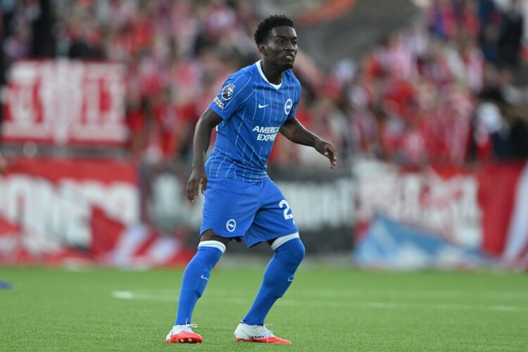 Amario Cozier-Duberry of Brighton and Hove Albion looks on during the UEFA Conference League 2026/27 Play Off Round First Leg match between Tromso ...