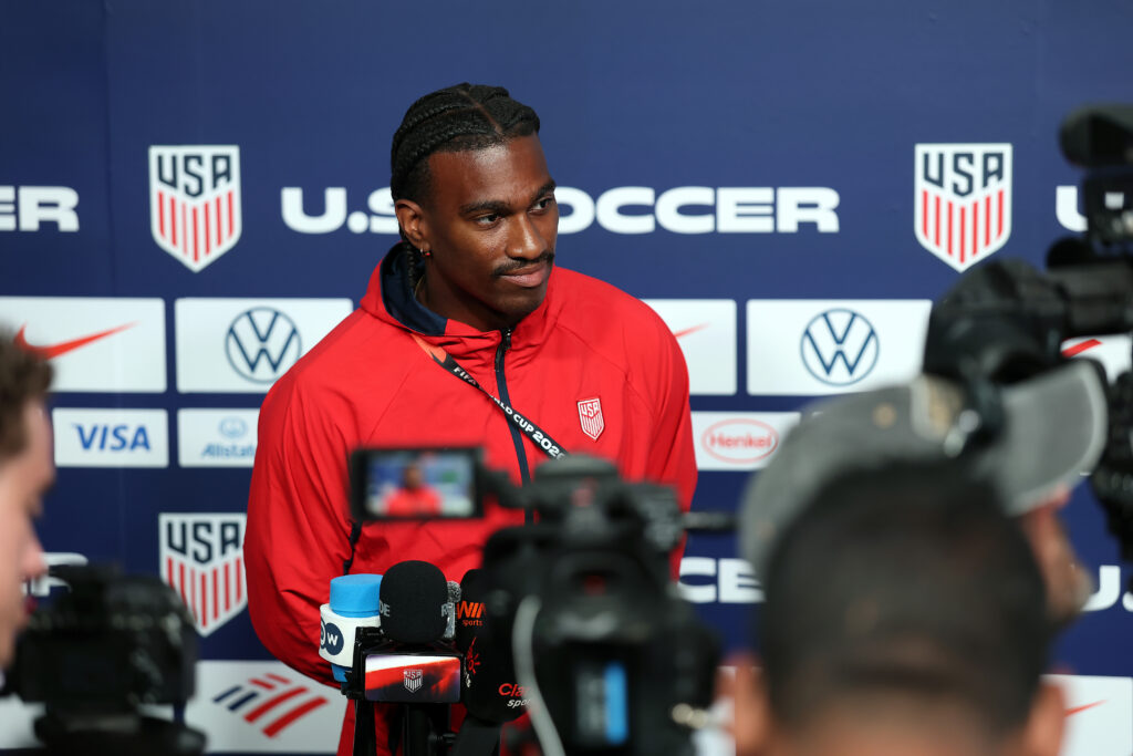 Arsenal v Coventry team and injury news 4 IRVINE, CALIFORNIA - JUNE 10: Haji Wright of the United States talks to the media during a training session ahead of the 2026 World Cup at Great Sports Park on June 10, 2026 in Irvine, California. (Photo by Jamie Squire/Getty Images)