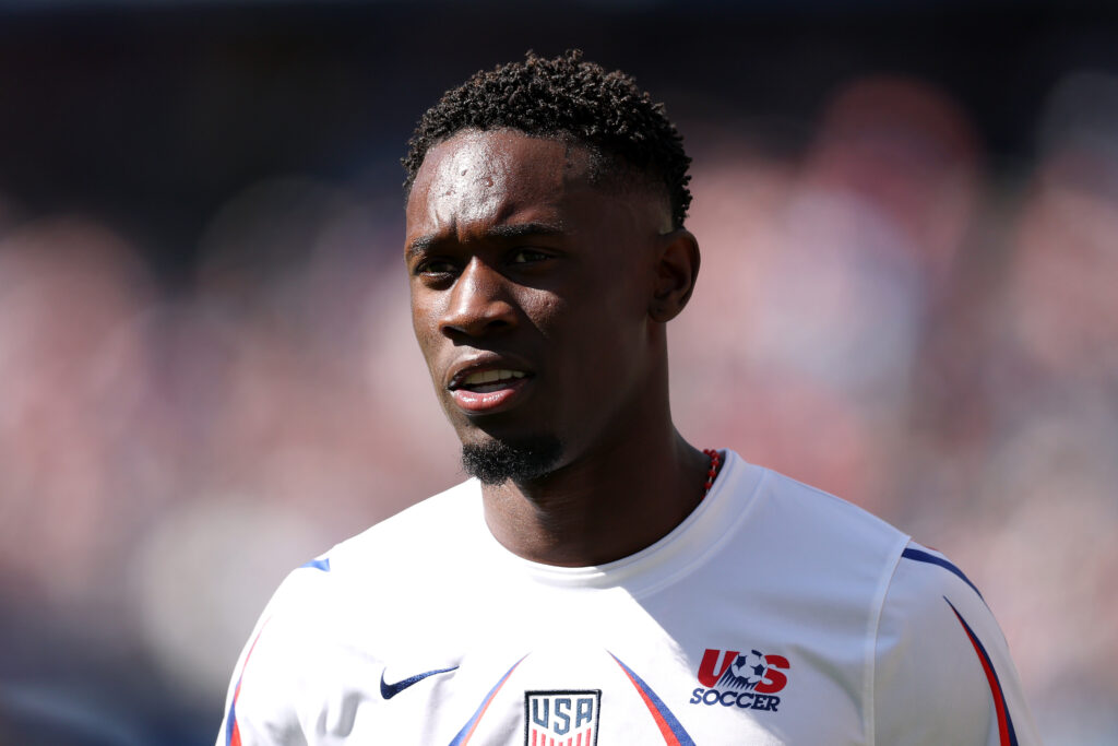 SEATTLE, WASHINGTON - JULY 06: Folarin Balogun #20 of the United States looks on before the FIFA World Cup 2026 Round Of 16 match between USA and Belgium at Seattle Stadium on July 06, 2026 in Seattle, Washington. (Photo by Luke Hales/Getty Images)