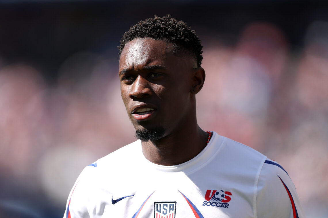SEATTLE, WASHINGTON - JULY 06: Folarin Balogun #20 of the United States looks on before the FIFA World Cup 2026 Round Of 16 match between USA and B...
