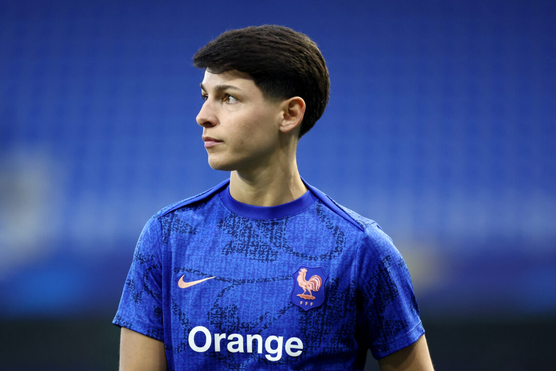 Elisa De Almeida warms up prior to the 2027 FIFA Women's World Cup Qualifier between France and Netherlands at Stade Abbe Deschamps on April 18, 20...