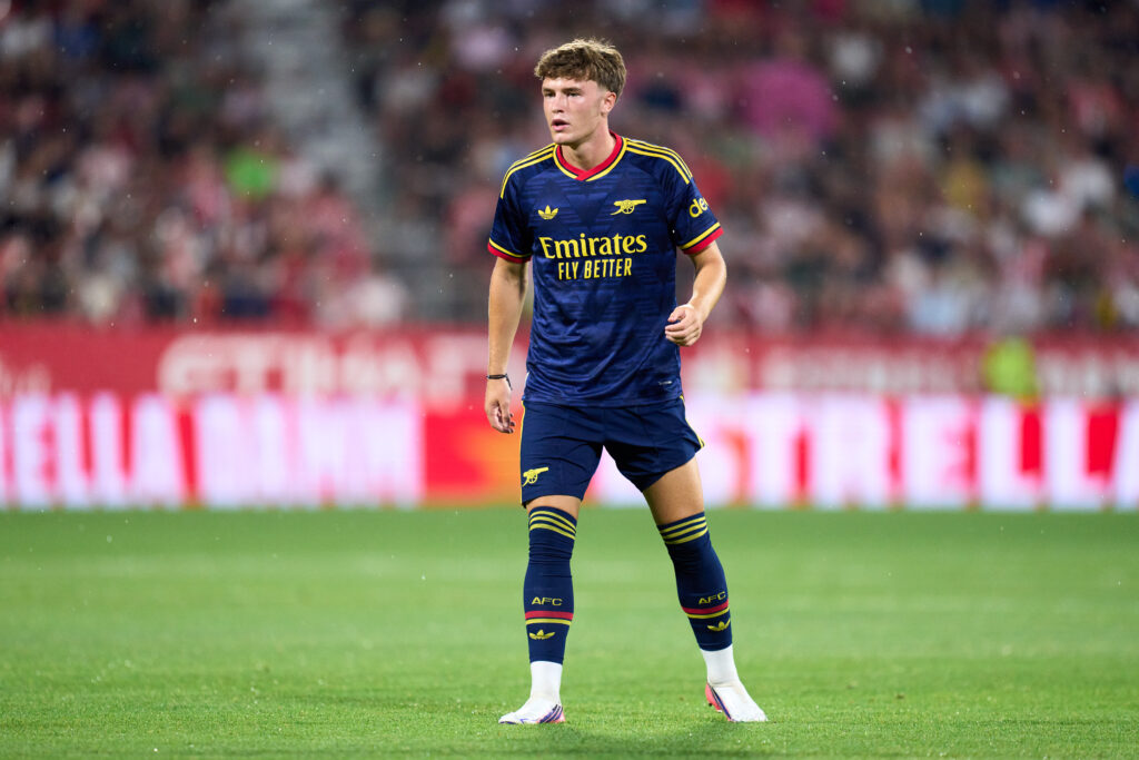 GIRONA, SPAIN - AUGUST 01: Ceadach O'Neill of Arsenal FC looks on during the pre-season friendly match between Girona FC and Arsenal FC at Montilivi Stadium on August 01, 2026 in Girona, Spain. (Photo by Alex Caparros/Getty Images)