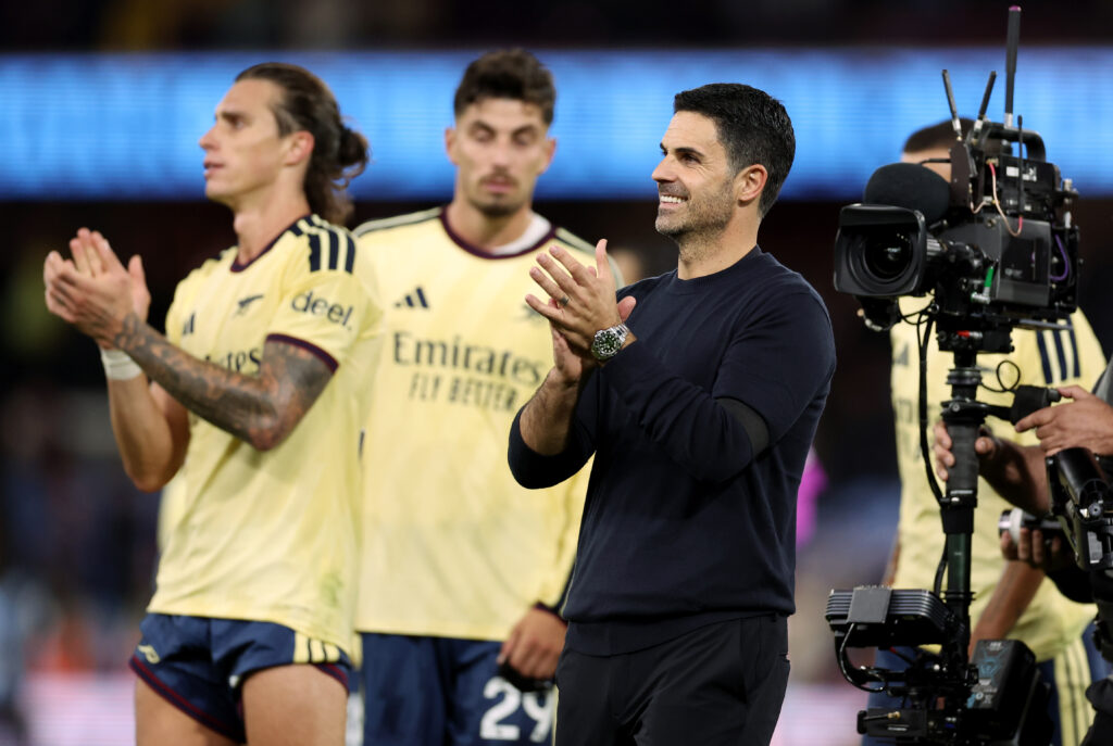 BIRMINGHAM, ENGLAND - AUGUST 31: Mikel Arteta, Manager of Arsenal, celebrates after the Premier League 2026/27 match between Aston Villa FC and Arsenal FC at Villa Park on August 31, 2026 in Birmingham, England. (Photo by Naomi Baker/Getty Images)